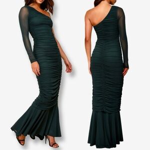 Lulu’s‎ Green Ruched One-Shoulder Maxi Mermaid Dress Formal Wedding Dance
